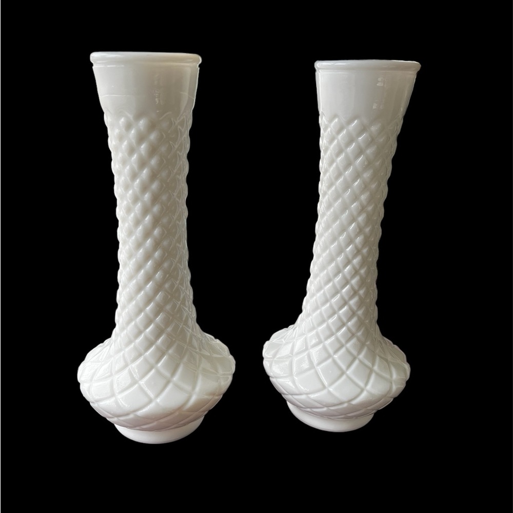 Vintage Randall Milk Glass Vases - Set of 2 Diamond Quilted Pattern 9” tall